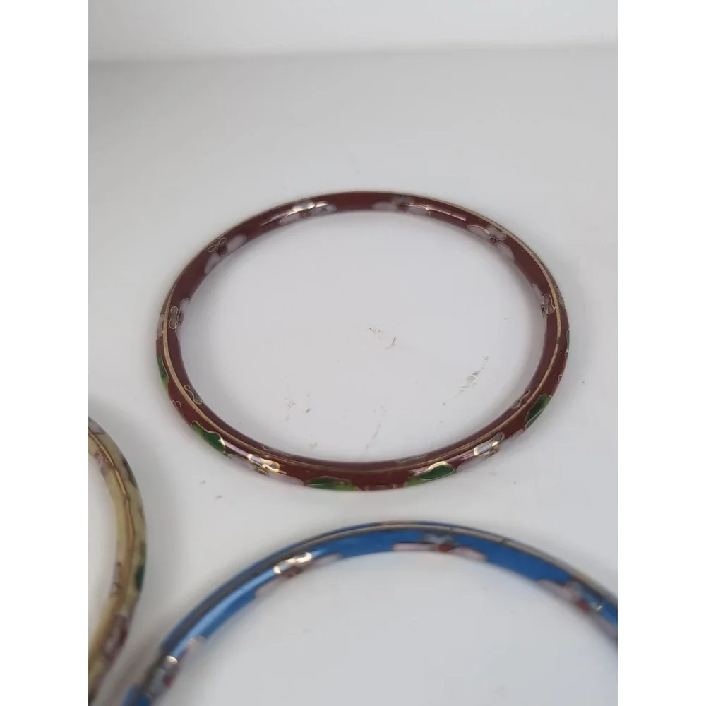 Cloisonné Bangles Bracelet Set of 3 Floral Metal Enamel Jewelry Vintage Retro